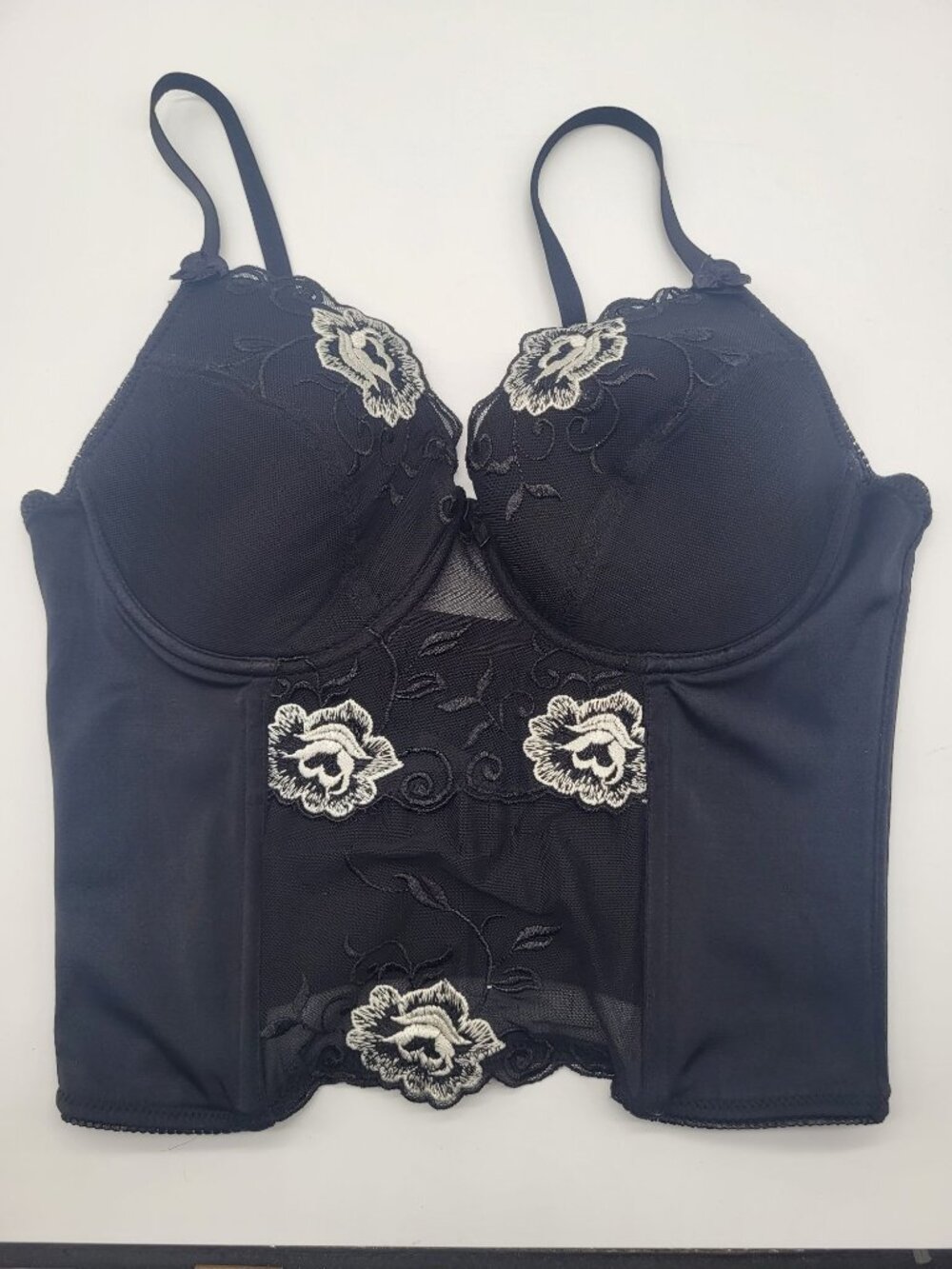 Donna L'Oren Women's Bustier Black White Rose Embroidery Goth Boudoir - Picture 1 of 9